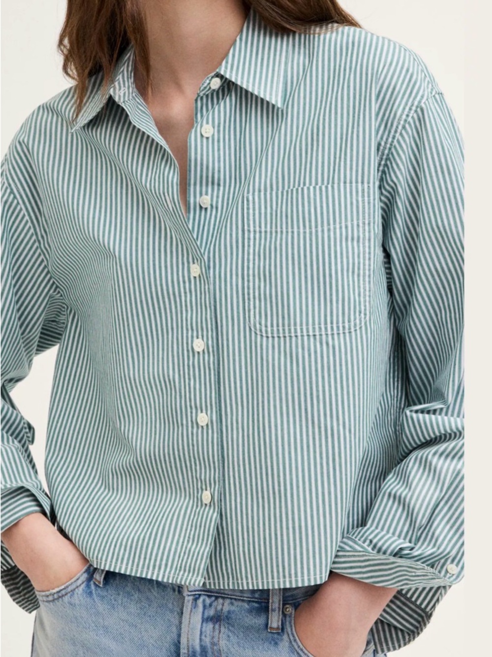 Madewell The Cropped Easy Shirt Green White Stripe Cotton Medium OB074